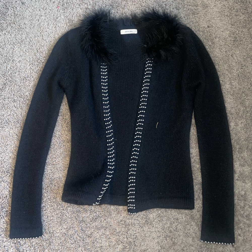 Feather collar black sweater | pearl accents | Peyton Place